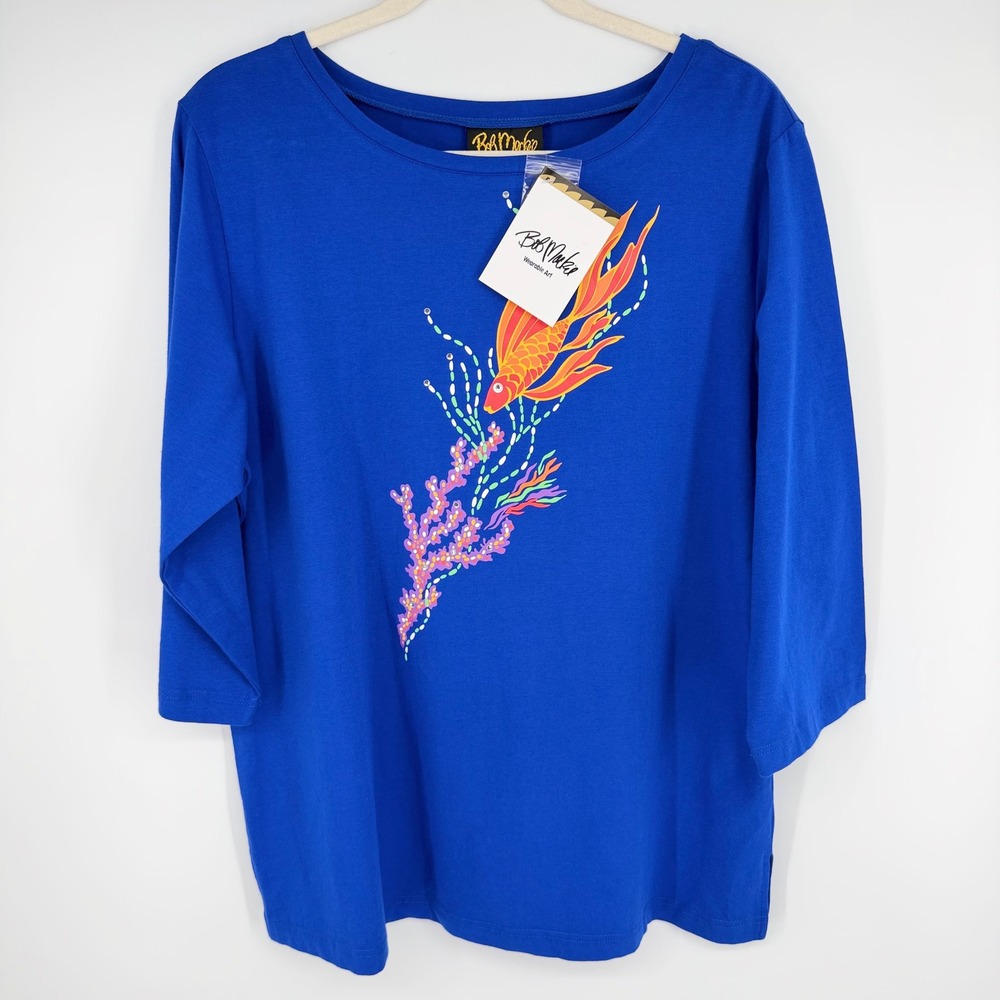 NEW Bob Mackie Wearable Art Tee Shirt Sz L Blue Fish Coral Rhinestone 3/4 Sleeve